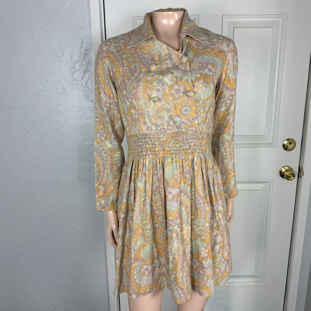 Vintage 50s Mini Dress Floral Wool Smocked Collared Long sleeve OO15